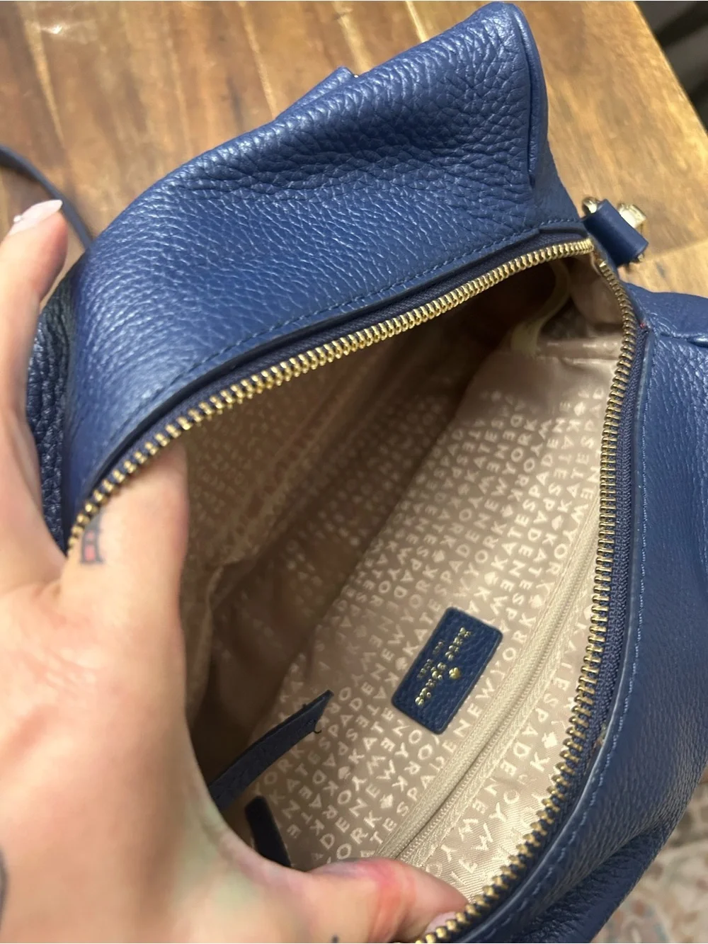 kate spade navy pebbled leather satchel with gold hardware